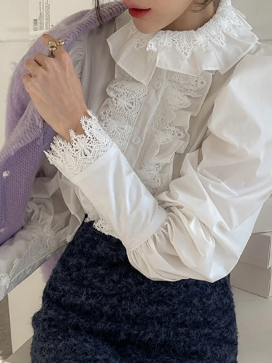 

Ele Lace Trim irt Versatile Long Sve Lantern Sve Commute Sle Spring Collection Women's Premium Faion Clothing