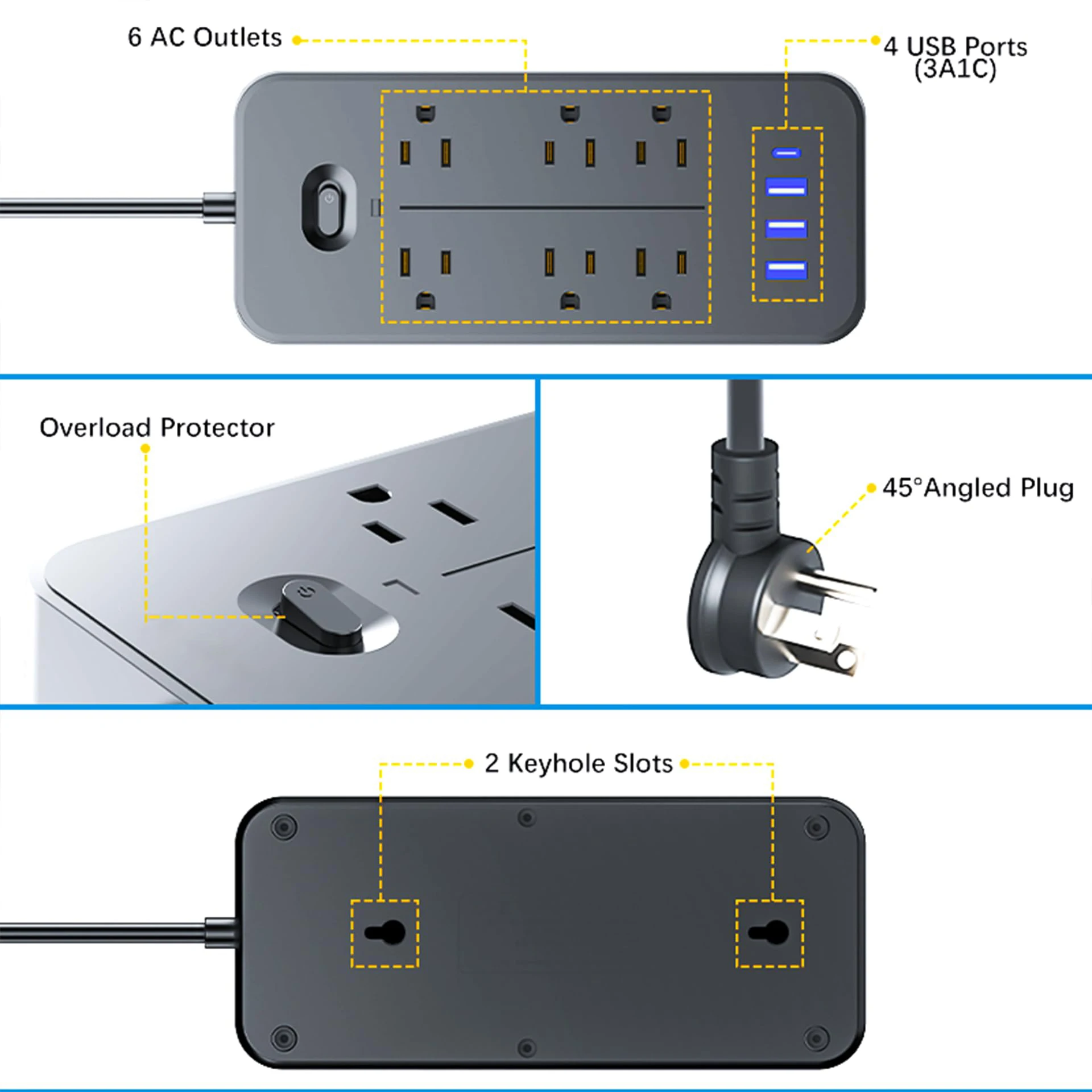 Tomada Elétrica Cabo de Extensão com USB C Portas, EUA Plug, Tomadas AC, Multitap Power Strip, Carregamento Rápido, Adaptador de Rede Filtro