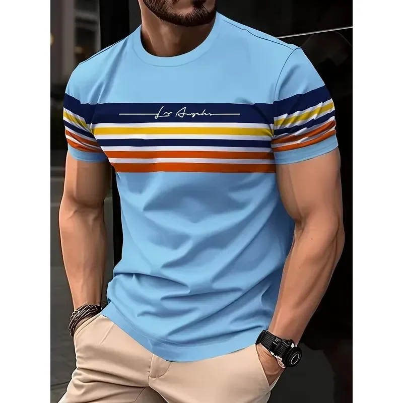 3D Digital Print Men Retro Rainbow Stripe T Shirt Short Sleeve Crew Neck Soft Casual Basic Tee 2026 Fashion Multiple Colors