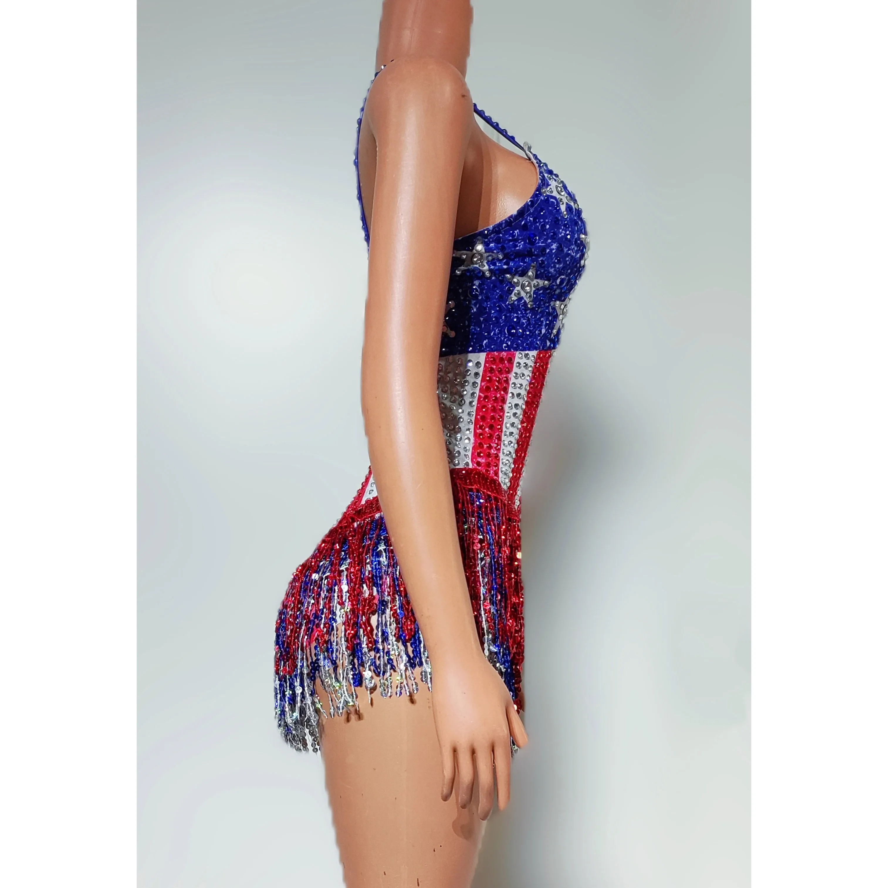 Dance Singer Costume Bar Nightclub Stage Leotard New Trendy Shiny Rhinestones Tassel Color Bodysuit High Street Performance