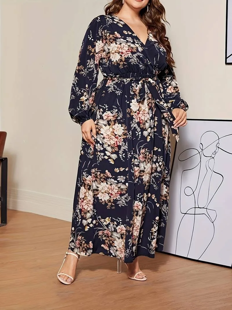 Gibsie Plus Size Blumen druck V-Ausschnitt Gürtel langes Kleid Frauen Frühling Herbst hohe Taille Langarm Retro lässig Maxi A-Linie Kleider