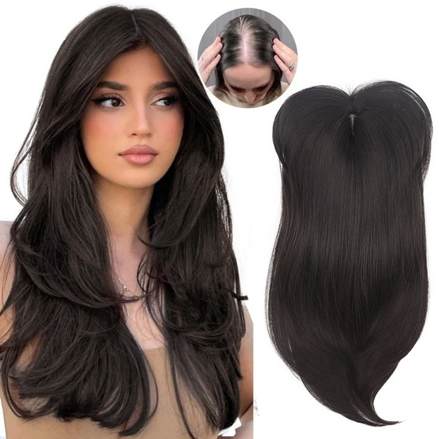 Wig sintetis wanita, Wig pengganti blok rambut panjang sedikit keriting berlapis delapan poni