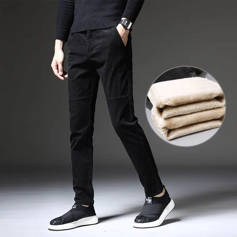 

2023 Men Autumn Winter New Fleece Warm Corduroy Pants Men Stretch Thick Elastic Waist Pant Male Casual Straight Trousers P459