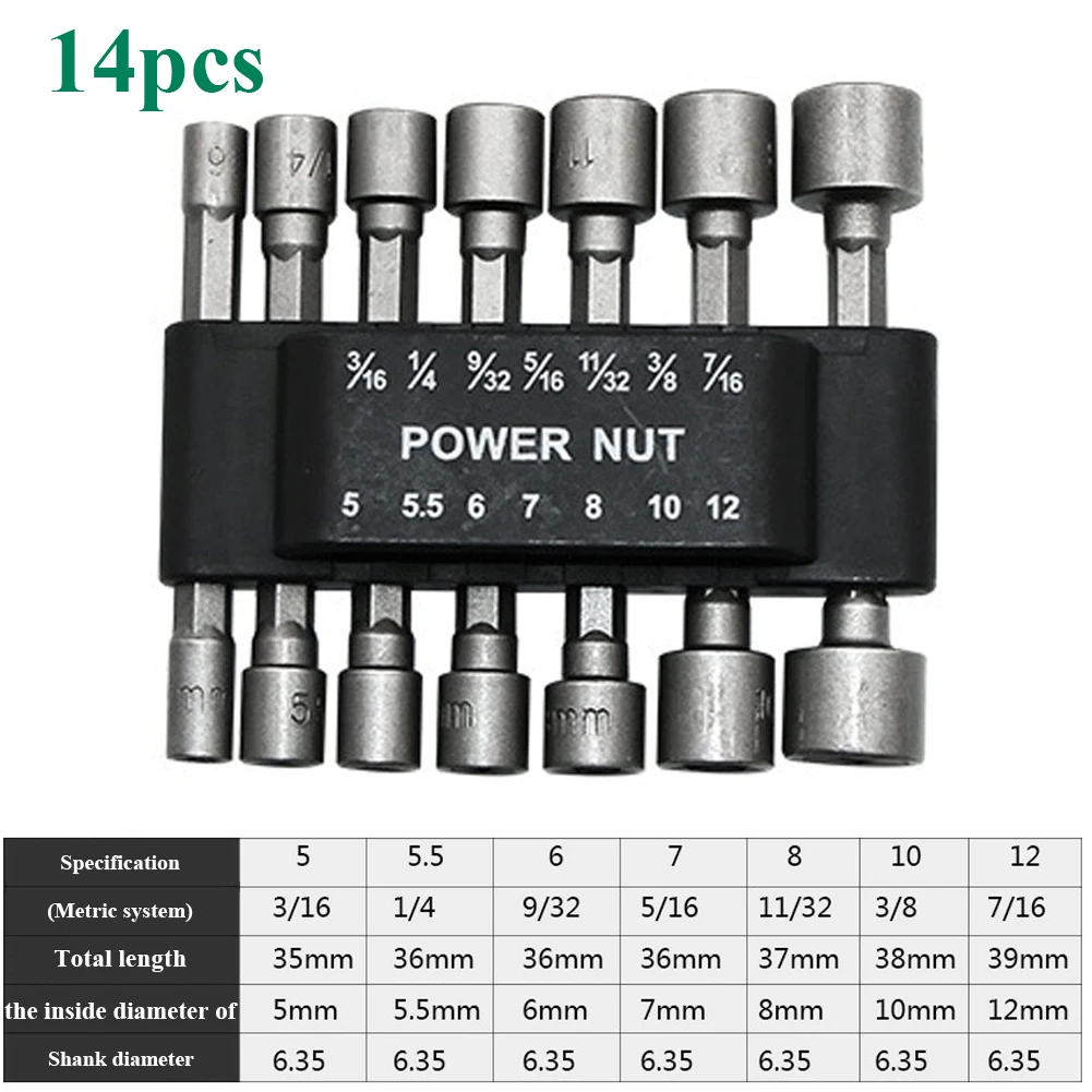 9/14Pcs 5-12mm Hex Socket Screw Sleeve Nozzles Nut 1/4in Hexagonal Nut Driver Drill Adapter Screwdriver Set Bits Sets Tools