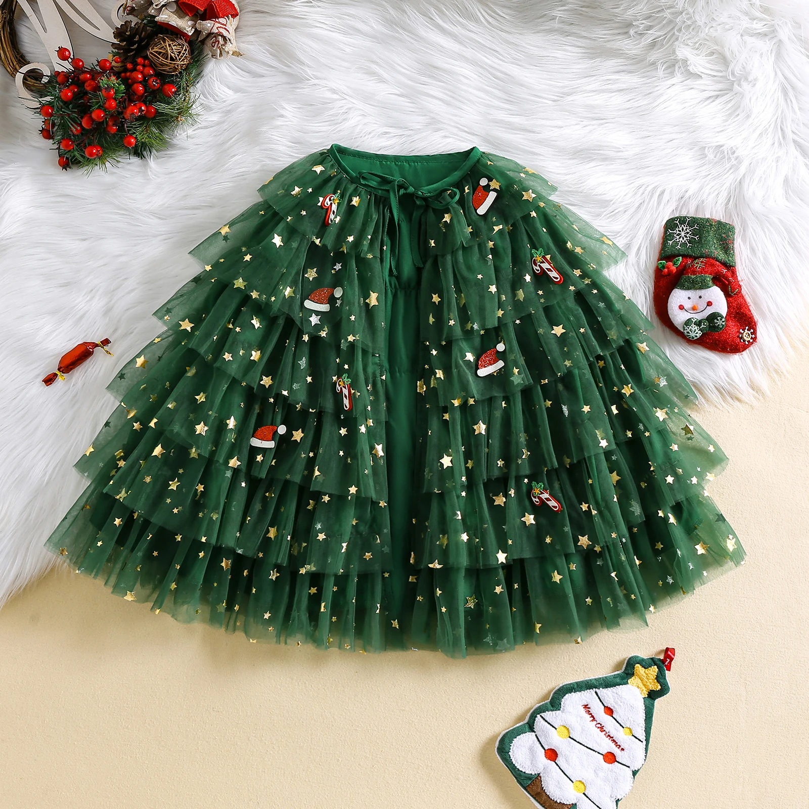 عباءة عيد الميلاد من التول للأطفال والبنات سانتا كلوز قصب الحلوى المتدرج وربطة الكعكة الأمامية #2