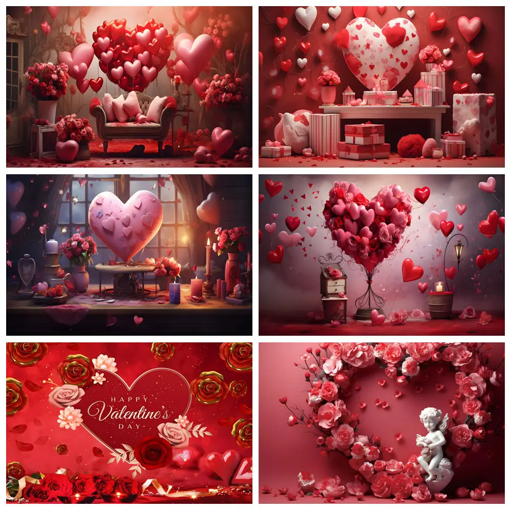 

February 14th Valentine‘s Day Photography Background Red Love Heart Flower Balloon Wedding Party Photocall Backdrop Photo Studio