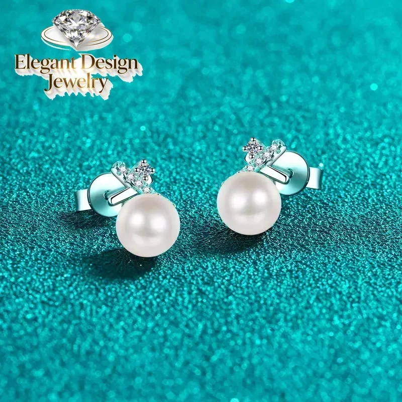 Elegant-Design 10 Points Moissanite PT950 Ear Studs Gifts, Cross Design Simple Platinum Earrings with 6mm Freshwater Pearl