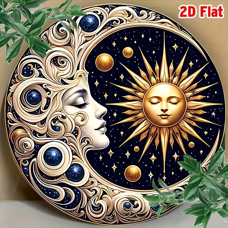 2D Flat, 1 Stück Celestial Sun and Moon Harmony Aluminium-Wandkunst – 19,81 cm rundes Vintage-Metallschild mit goldener Sonne, Mond und Stern