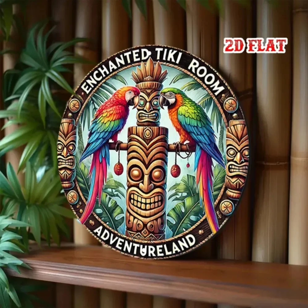 لافتة تيكي مسحورة ملونة - فن معدني مستدير، والببغاوات الاستوائية وديكور مغامرة الطوطم للمقهى والغرفة