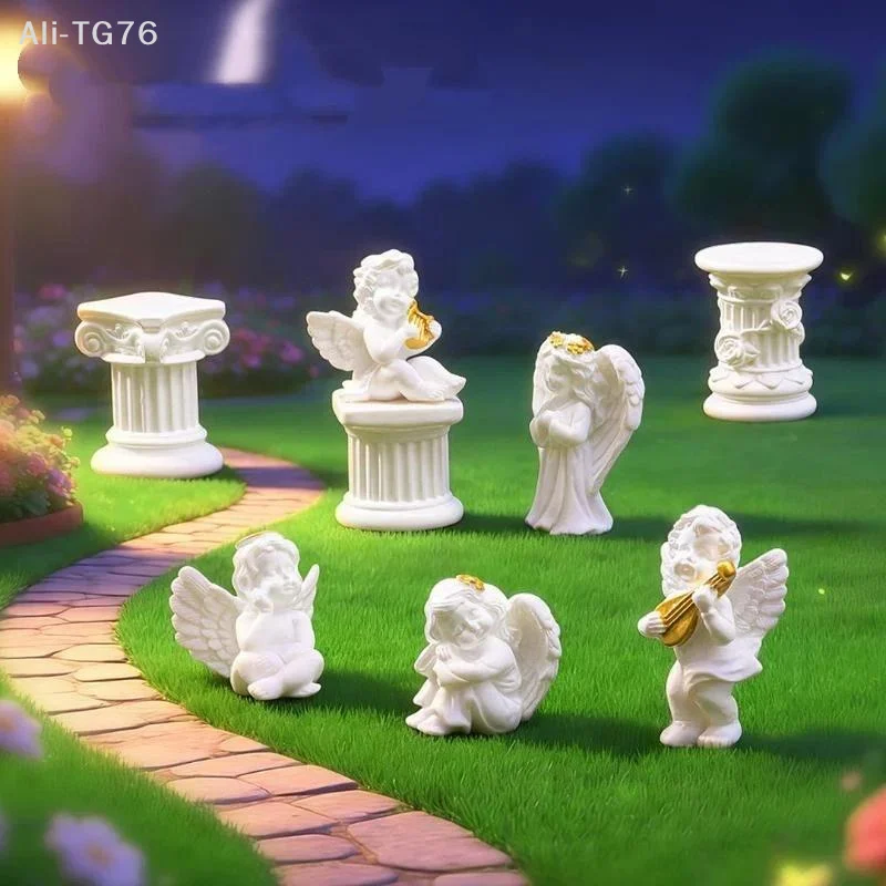 [P] Mini Resin Angel Figurine With Adorable Golden Details And Roman Pillars Perfect For Garden Patio Desktop Home Decor