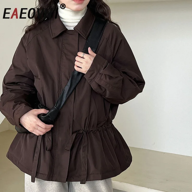 EAEOVNI Fashion Winter Down Jacket Women Warm Drawstring Pleated Design Zipper Lapel Solid Color Coat 2025 New Clothing