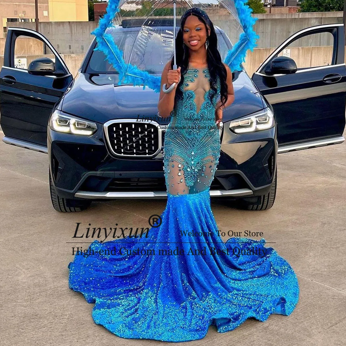 Sequins Long Mermaid Prom Dresses For Black Girl Rhinestones Formal Sleeveless Crystals Evening Dress Sheer Neck Party Gowns