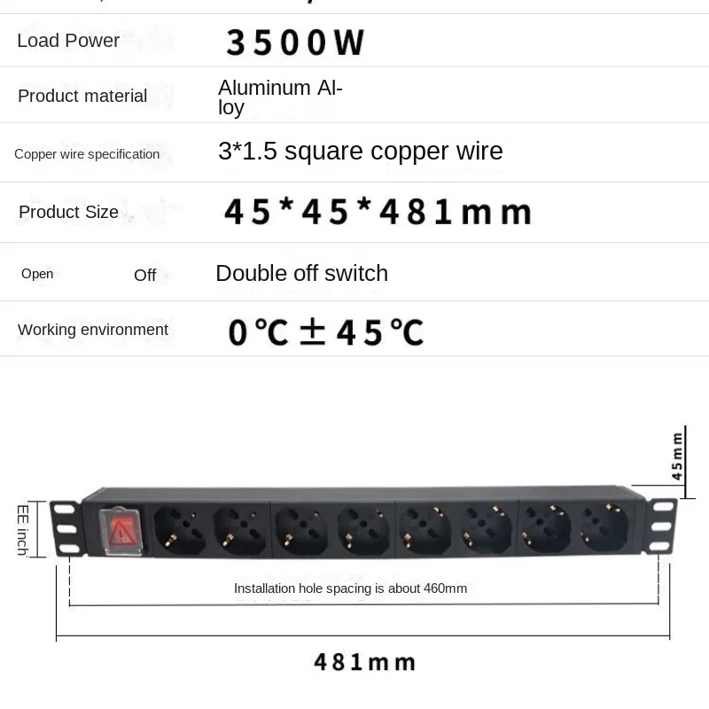 16A EU IT Universal Power PDU Socket UK US Universal 3500W AC250V Cabinet 6 8 Outlets Alloy Strip with Double Disconnect Switch