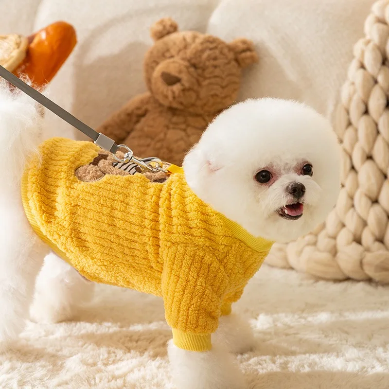 Suéter amarillo para perro, ropa de dos patas para cachorro, oso de dibujos animados, ropa cálida de peluche, Otoño e Invierno