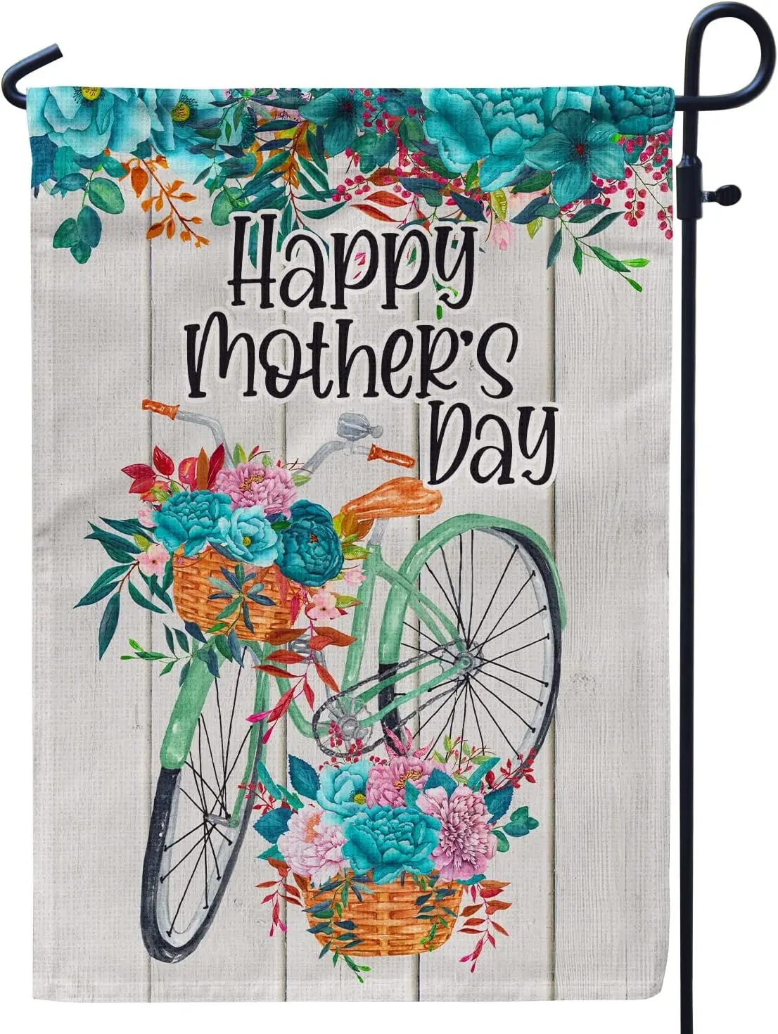 Happy Mothers Day Garden Flag, Bicycle Blue Flower Flag for Mom Gifts/Outside Outdoor Hanging Decorations 12x18inch Burlap