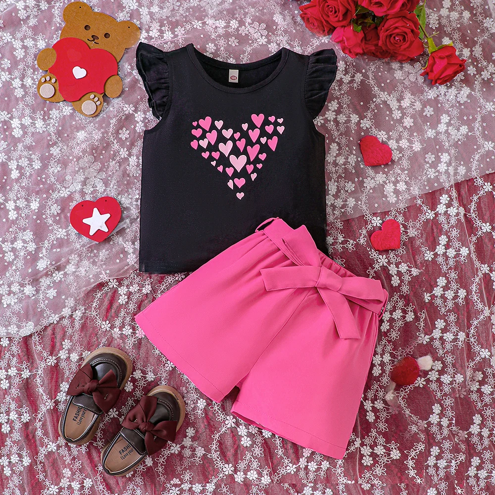 Girls' summer style love printed small fly sleeves short sleeved T-shirt top solid color shorts two-piece casual set