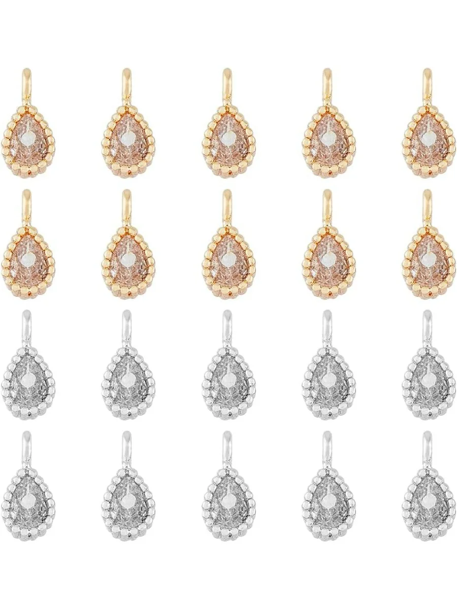 20Pcs 2 Colors Cubic Zirconia Charms 8mm Alloy Drop Pendants Rhinestone Tear Pendants Crystal Dangle Pendants Real Gold Platinum