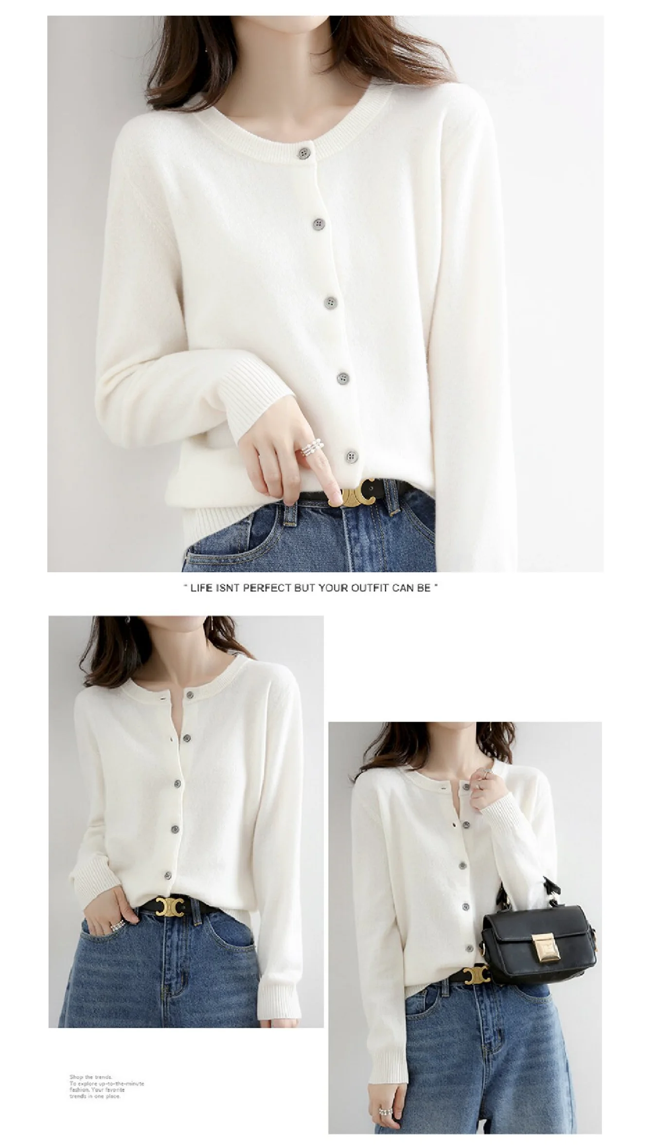Neuer, locker geschnittener Pullover im koreanischen Stil für Damen, ideal für Frühling und Herbst, mit Rundhalsausschnitt, modisch und elegant, als lässige Arbeitskleidung oder Oberbekleidung geeignet, weiche und bequeme Strickjacke, einreihiger Mantel mit langen Ärmeln. – Detail 9