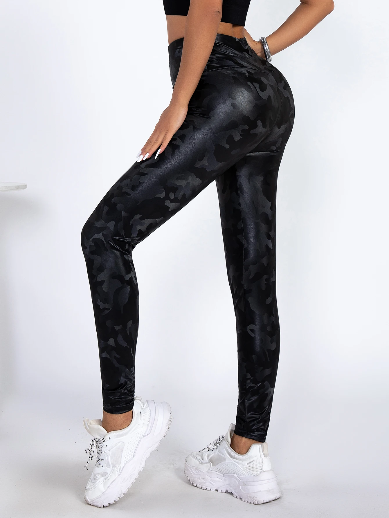 New High Waist Tight Leather Small Feet Pants Europe And The United States Fashion Stretch Tight Camouflage Leggings Women