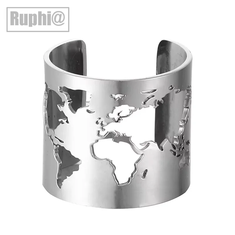 Stainless Steel World Map Hollow Wide Cuff Ring Unisex Open Adjustable Chunky Finger Ring Travel Peace Party Knuckle Thumb