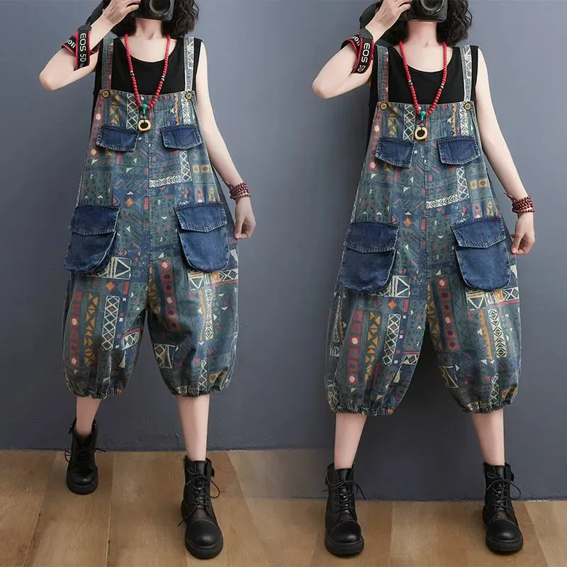 

Summer New Print Strap Jean Jumpsuit Women Fashion Suspenders Vintage Casual Wide Leg Denim Rompers Female Loose Dungaree B432