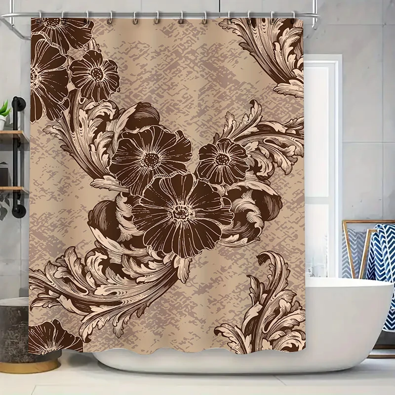 

Elegant Vintage Brown Flower Shower Curtain Bathroom Decor Waterproof Fabric Printed Home Decoration Wall Hanging Customizable s