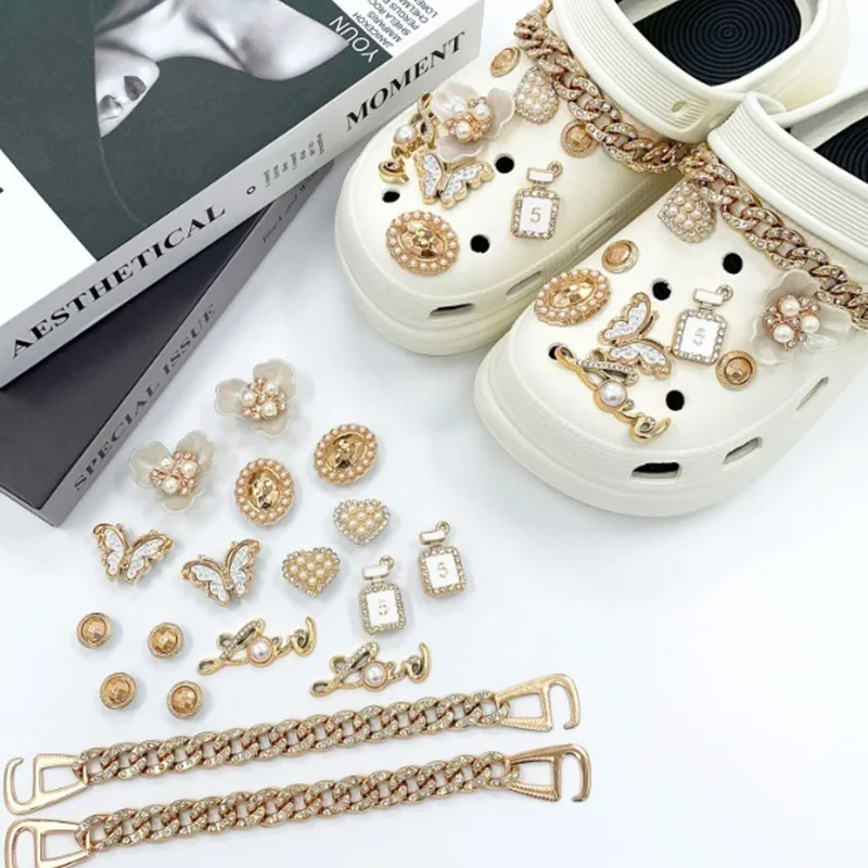 18 قطعة مجموعة سحر الأحذية الفاخرة الملحقات ثقب إبزيم الحذاء الرجعية حجر الراين فراشة الذهب سلسلة DIY بها بنفسك الأحذية زينة الفتيات هدية
