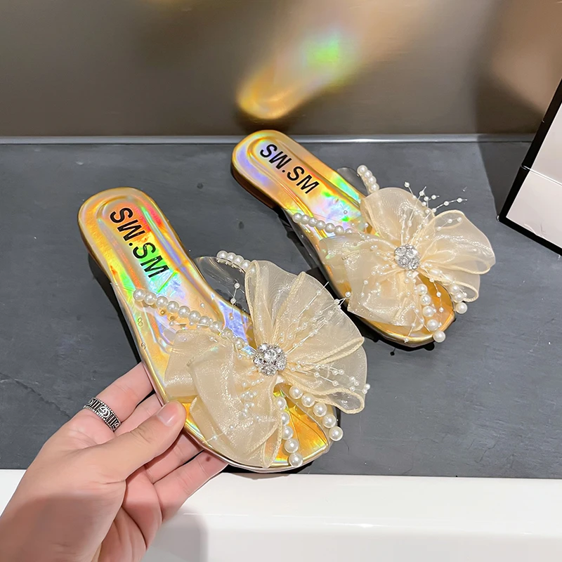 Women Sandals 2022 Summer New Women Slippers Fashion Women\'s Flip Flops Beaded Rhinestones Bow Flat Slippers for Women