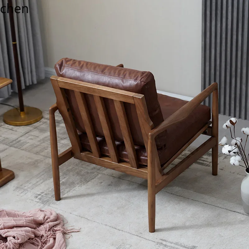 y8-  Solid Wood Leisure Sofa Chair Leather Modern Room Study Balcony Medieval Single Chair