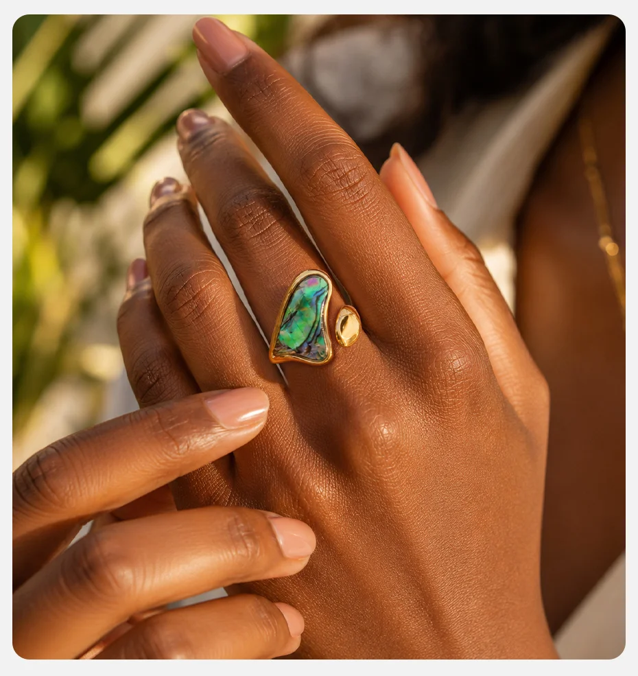 Vnox Mehrstiliger Unregelmäßiger Geometrischer Abalone-Muschel Offener Ring für Frauen, Goldfarben, Edelstahl, Boho-Strandschmuck – Detail 4