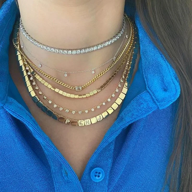 Geometric Gold Plated Women Choker Simple Rectangle Square Beaded Link Chain Tennis Necklace