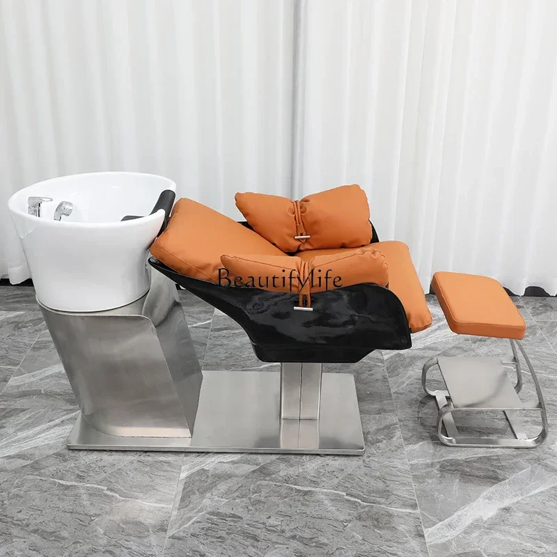 Barber Shop Shampoo Chair for Hair Salon Lying Half Stainless Steel Fashion Simple Shampoo Chair