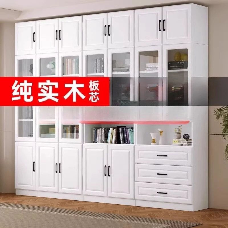 

Solid wood bookcase integrated whole wall household living room locker to top bookshelf with glass door display cabinet