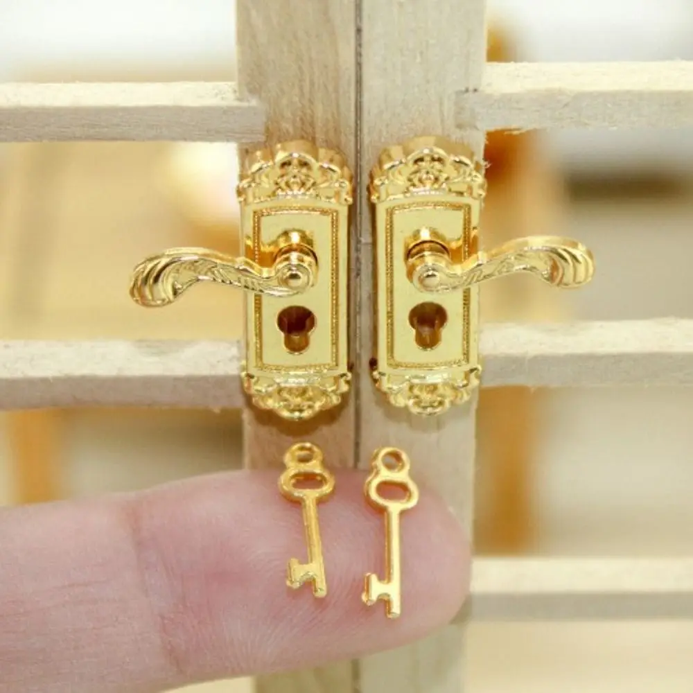 1:12 Mini DIY Pretend Play Toy Gold Bronze Miniature Door Handles with Keyhole Knobs Keys Set Doll House Accessories Chlidren