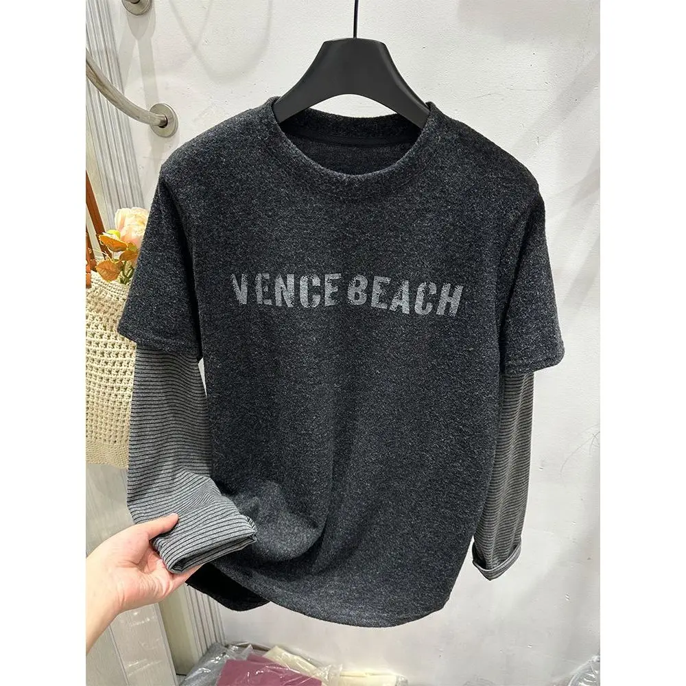 Autumn Winter Women's T-Shirt Letter Print Patchwork Stripe Sleeve Flocking Fake Two-Piece Sweatshirt Versatile Top