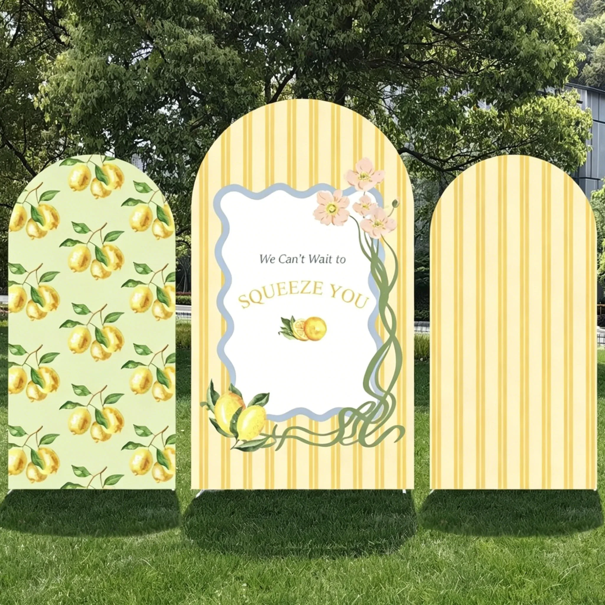 We Can't Wait to Squeeze Arched Backdrop Cover 2-sided Stripes Mediterranean Lemon Themed Baby Shower Party Banner Background