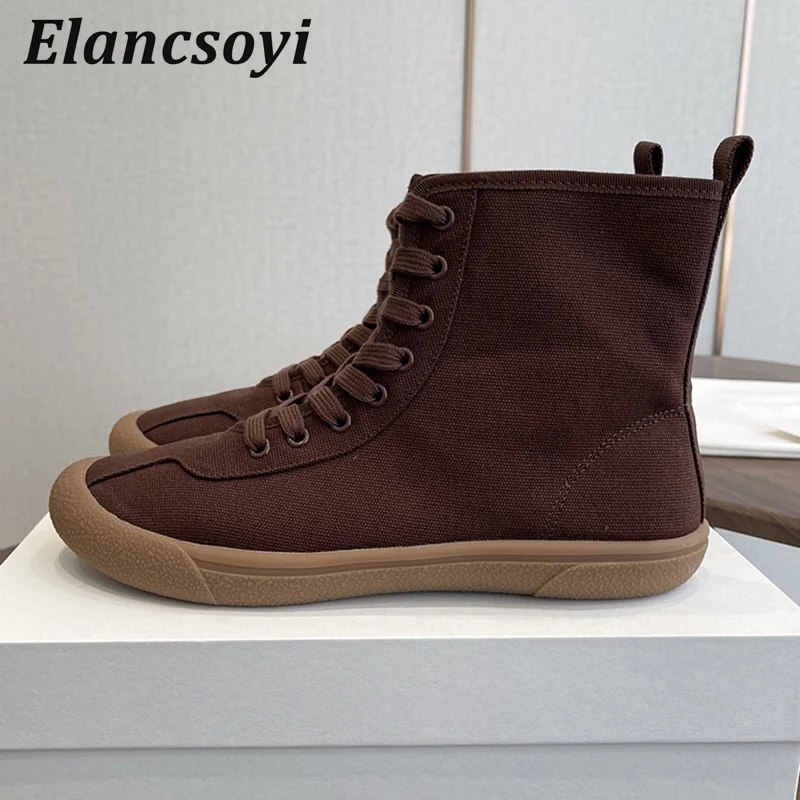 High Top Sneakers Women's Thick Sole Breathable Canvas Shoes Round Toe Lace Up Flat Shoes Spring Autumn Versatile Casual Shoes