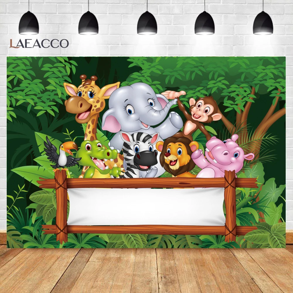 Gray White Wood Planks Board Jungle Safari Birthday Party Customized Poster Photozone Photo Background Photographic Backdrops