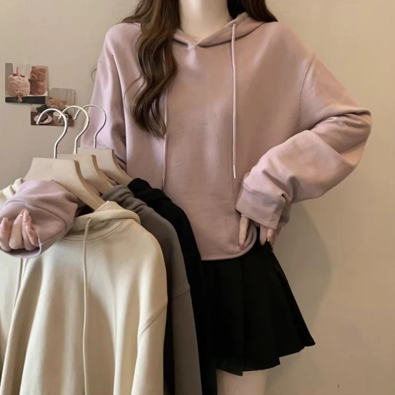 Women Plain Cotton Sweatshirt Oversize Cropped Raw Edge Hooded Short Pullover