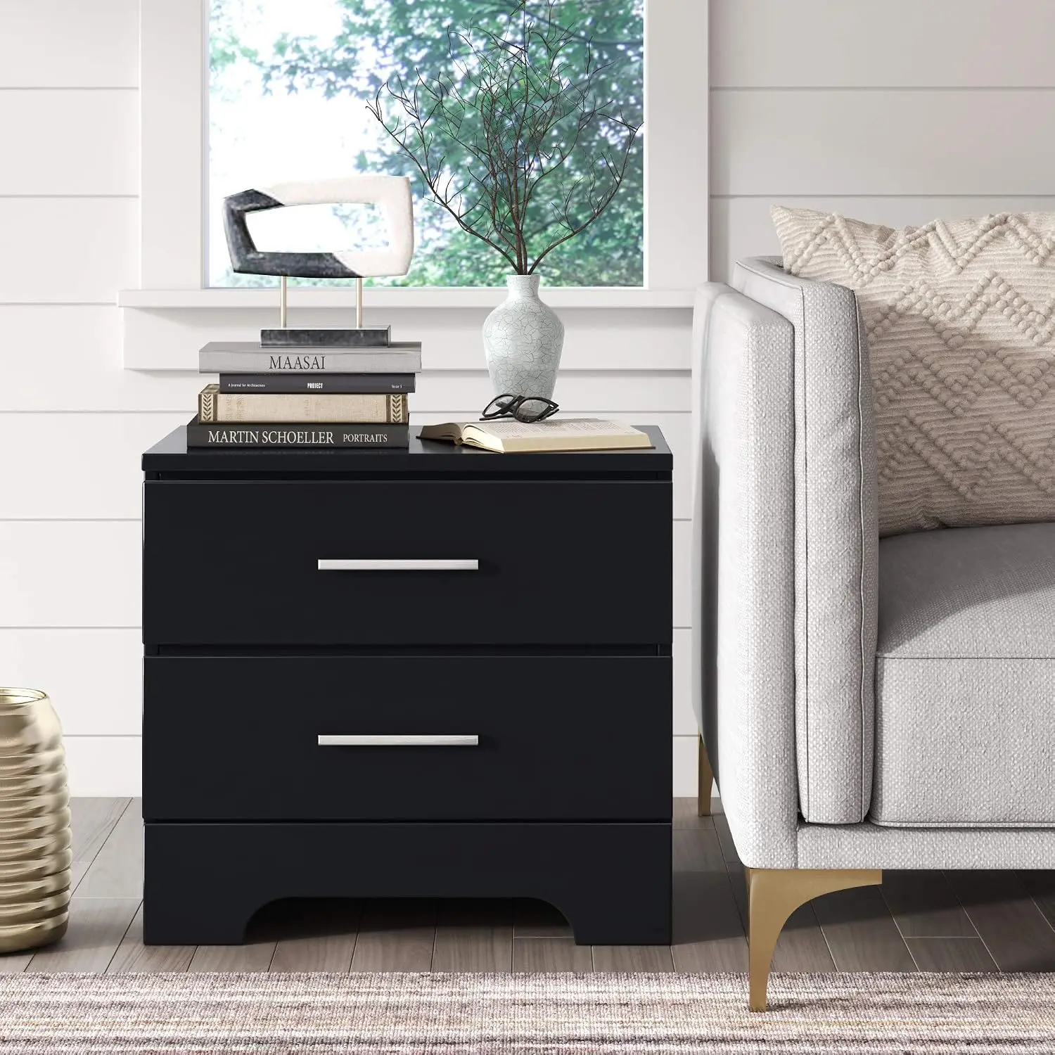 Wooden Nightstand with 2 Drawers & Matte Chrome Handle for Bedroom, Black, Customized