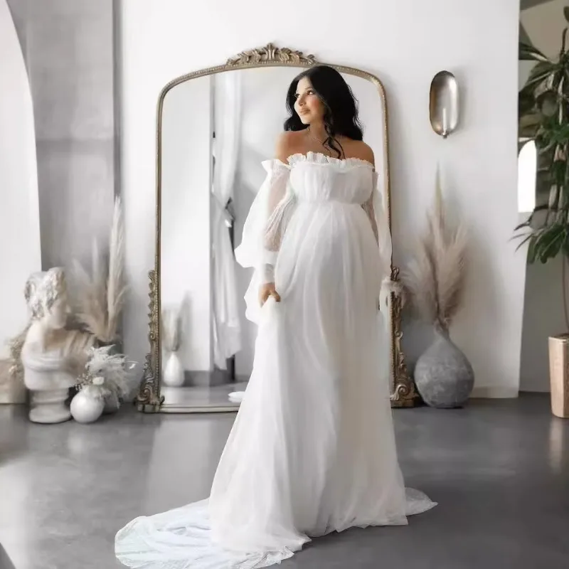 Off Shoulder Long Sleeve Maternity Tulle Dress Flowy Train Pregnancy Photoshoot Gown Soft Mesh Baby Shower Party Photography Pro
