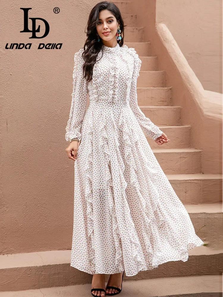 LD LINDA DELLA Fashion Designers Spring Dress Women's Long sleeve polka dot Print Ruffles casual holiday Dress