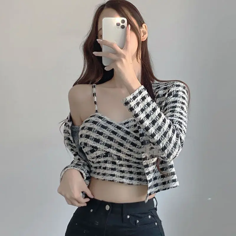Korean Spring Summer Korean New Style Short Open Waist Thousand Bird Grid Strap+long Sleeve Cardigan 2 Piece Set