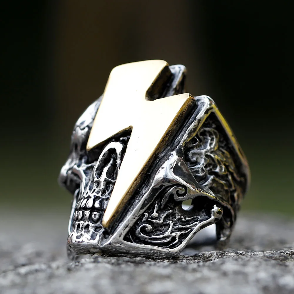 2022 New Stainless Steel Lightning Skull Ring For Men Punk Rock Gothic Punk Metal Rock Biker Jewelry Accessories Wholesale