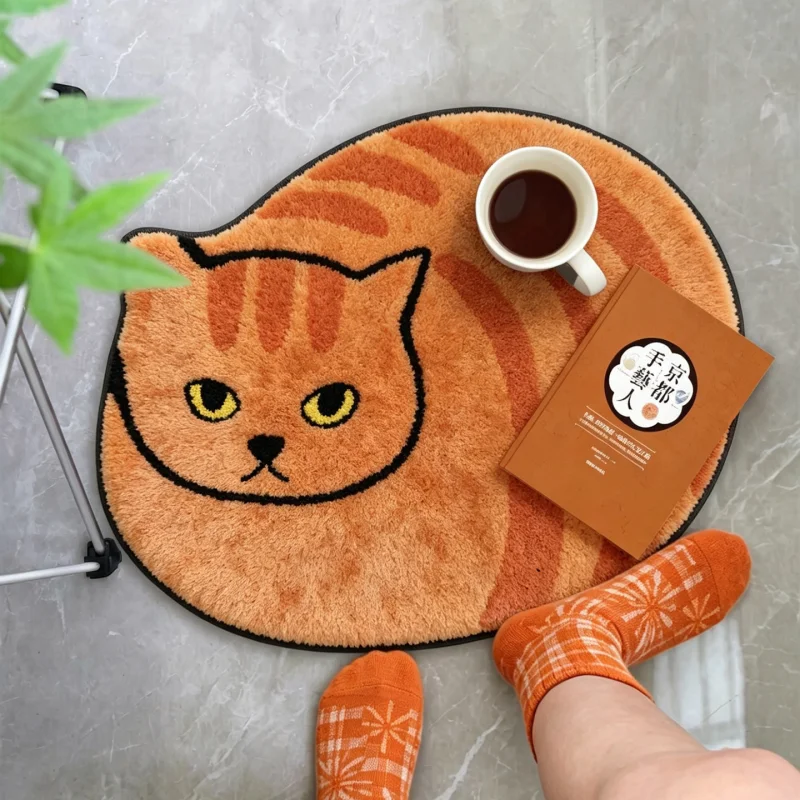 VIKAMA Cute Orange Cat Shaped Plush Doormat Black Trim Cartoon Kitten Non‑Slip Absorbent Mat For Entryway Hallway Home Decor