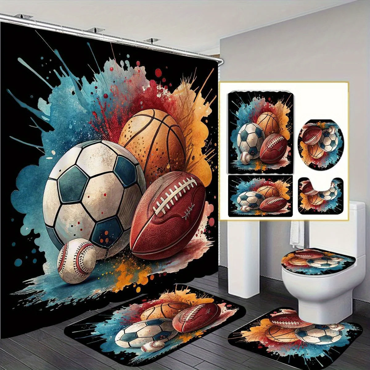 

Занавеска для душа Football-Themed и аксессуары — моющийся полиэстер с 12 крючками, U-образным чехлом на сиденье унитаза и ковриками для ванной — Vib