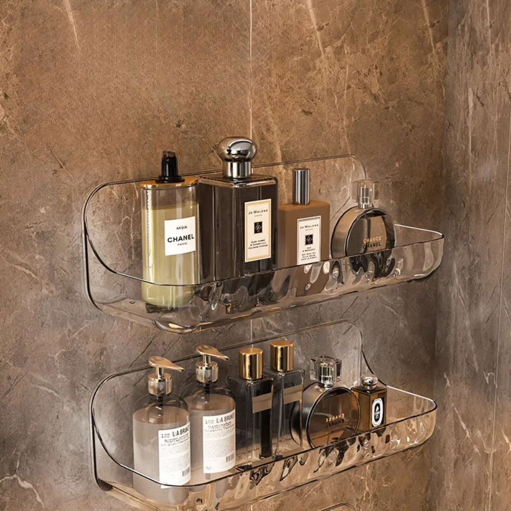 Prateleira de banheiro acrílica sem broca, organizador de parede para shampoo, economia de espaço, armazenamento de banheiro, prateleira de canto