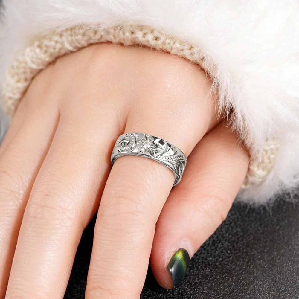 Simple Exquisite Relief Floral Design Micro-inlay 5A Zircon Rings for Women Luxury Fashion Banquet Stainless Steel Jewelry Gifts