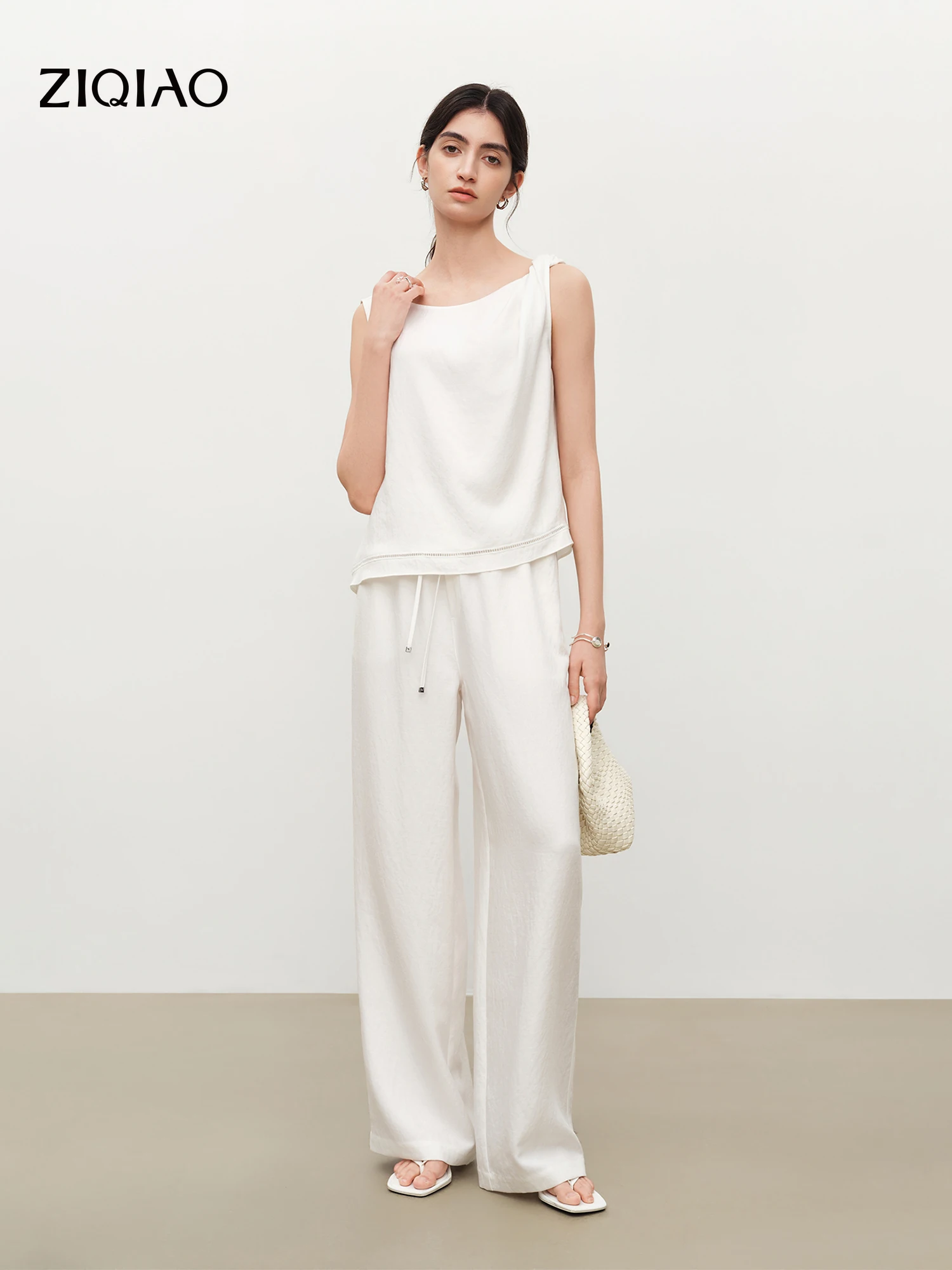 ZIQIAO Relaxed Old Money Style White Shirt and Casual Style Pants Set for Women 2026 Summer New Arrival Resort Casual Outfit