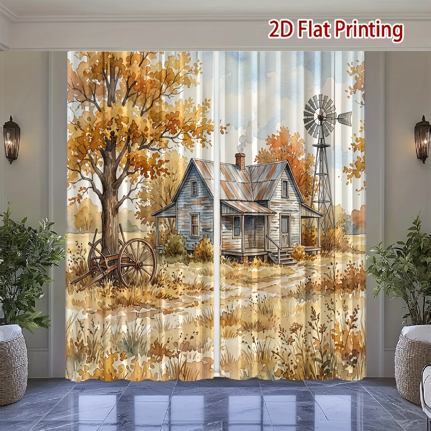 2PCS Digital Print Curtains, Autumn Farmhouse Windmill, Fall Harvest